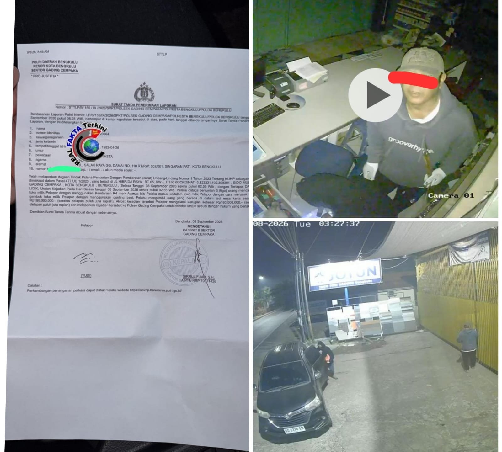 Hampir Sebulan, Kasus Pembobolan dan Pencurian Uang Rp 180 Juta di Wilayah Hukum Polsek Gading Cempaka Belum Terungkap, Diduga Polsek Belum Mampu Melacak Pelaku