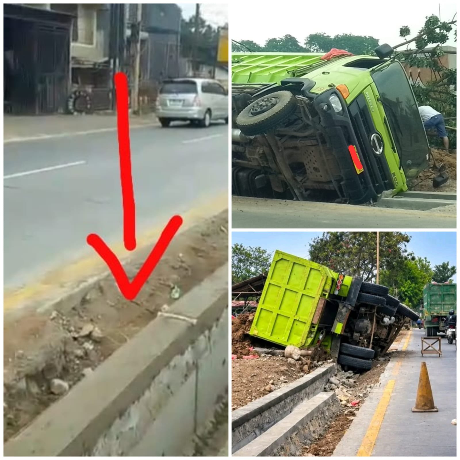 Truk Terguling di Jalan KH. Raden Ma’mun Nawawi, Diduga Ban Terperosok ke Dalam Beram Cukup Dalam Hingga Mobil Hilang Kendali